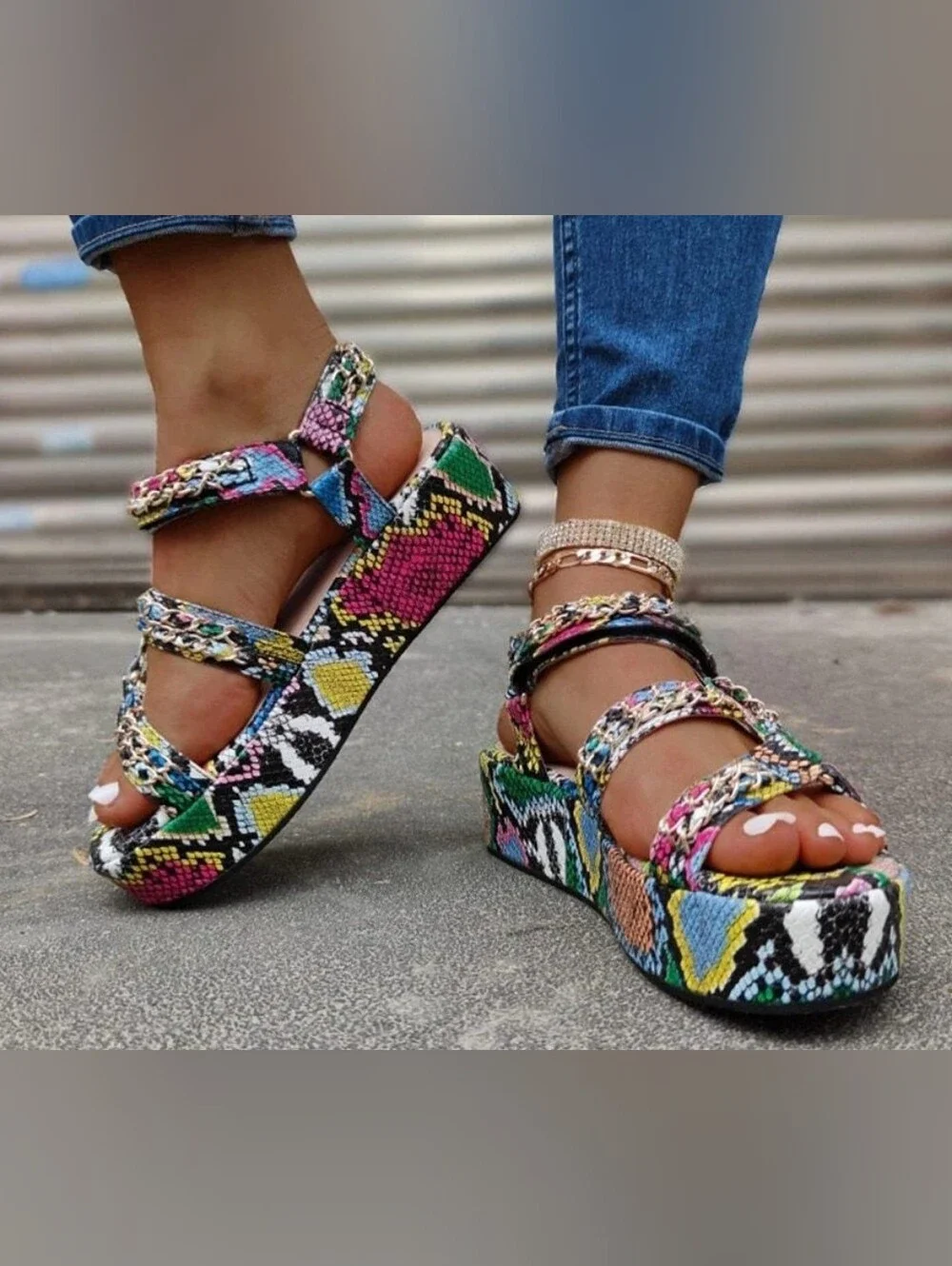 Multicolor Snake-Print Platform Sandals - Women